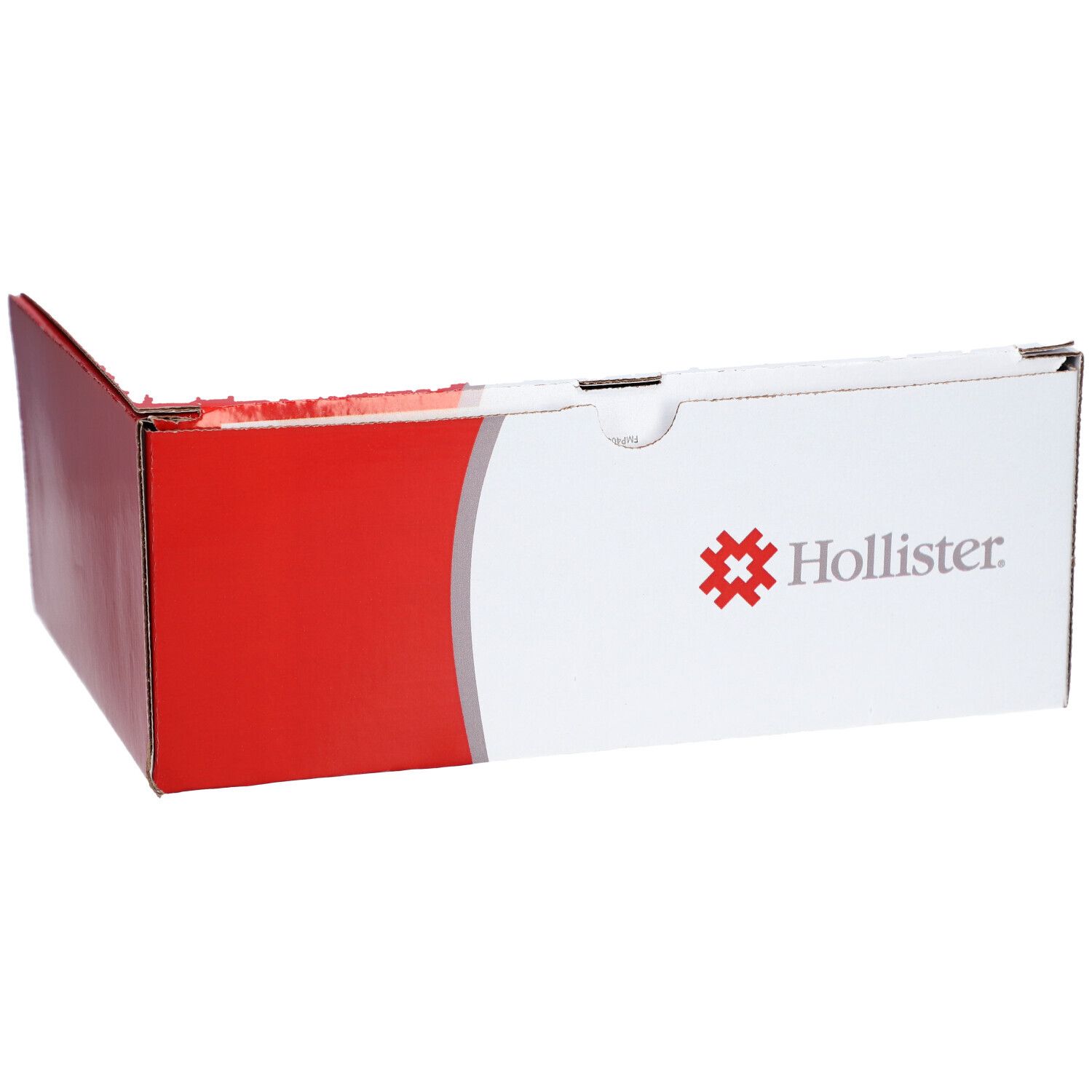 Geöffnete Kartonverpackung, rot-weiß. Hollister-Logo. Winkelansicht.