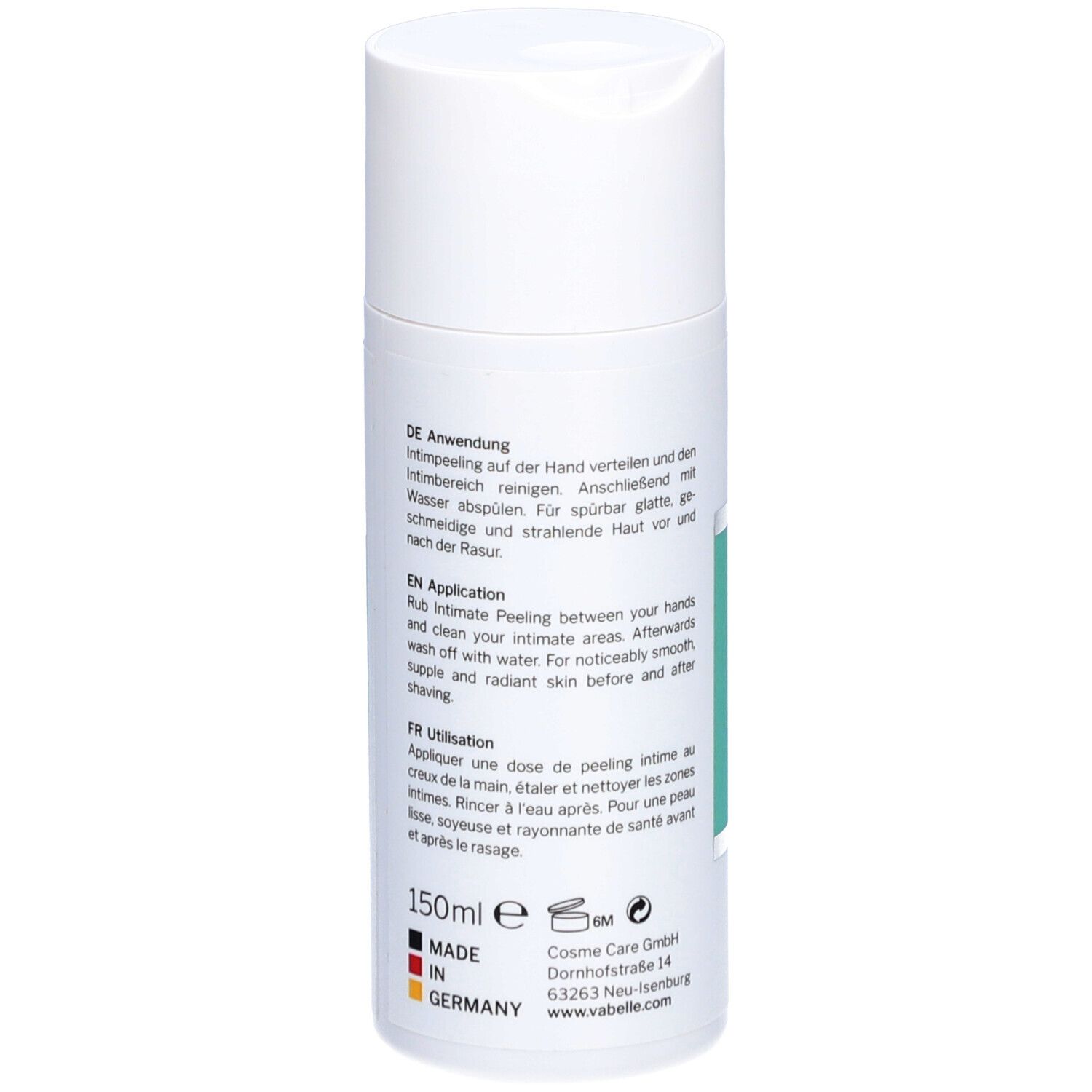 Flacon cylindrique blanc. Texte au dos en allemand, anglais et français. 150ml.