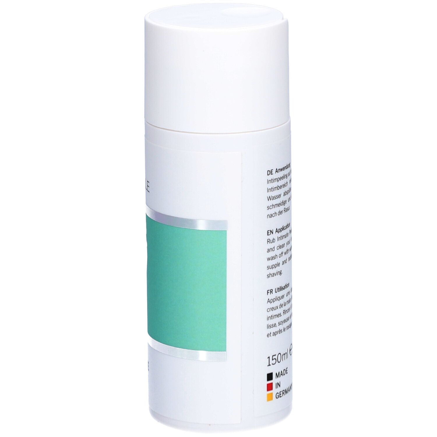 Flacon cylindrique blanc. Bande verte avec texte. Texte au dos en allemand, anglais et français.