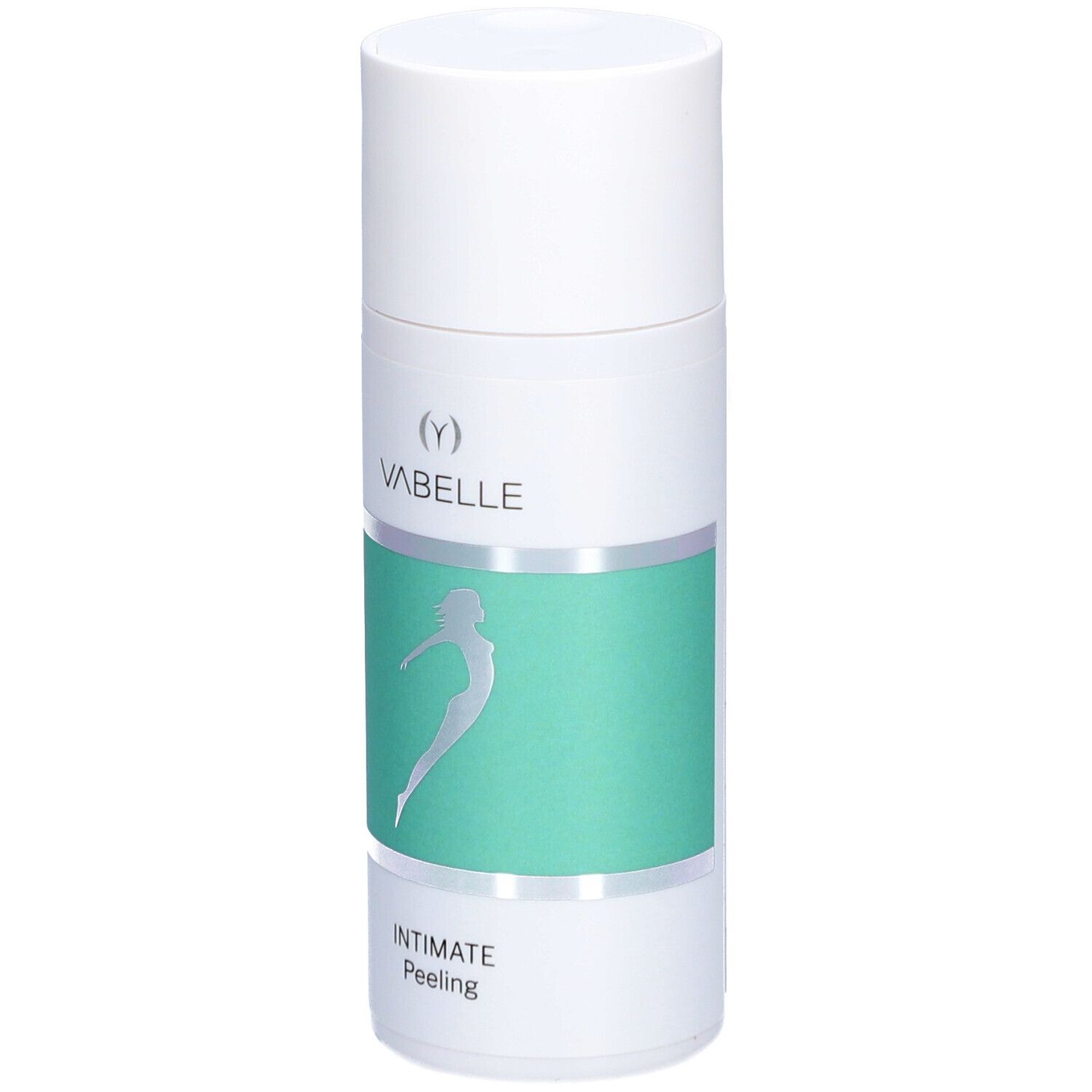 Flacon cylindrique blanc et vert. Inscription VABELLE, Intimate Peeling. Silhouette féminine.