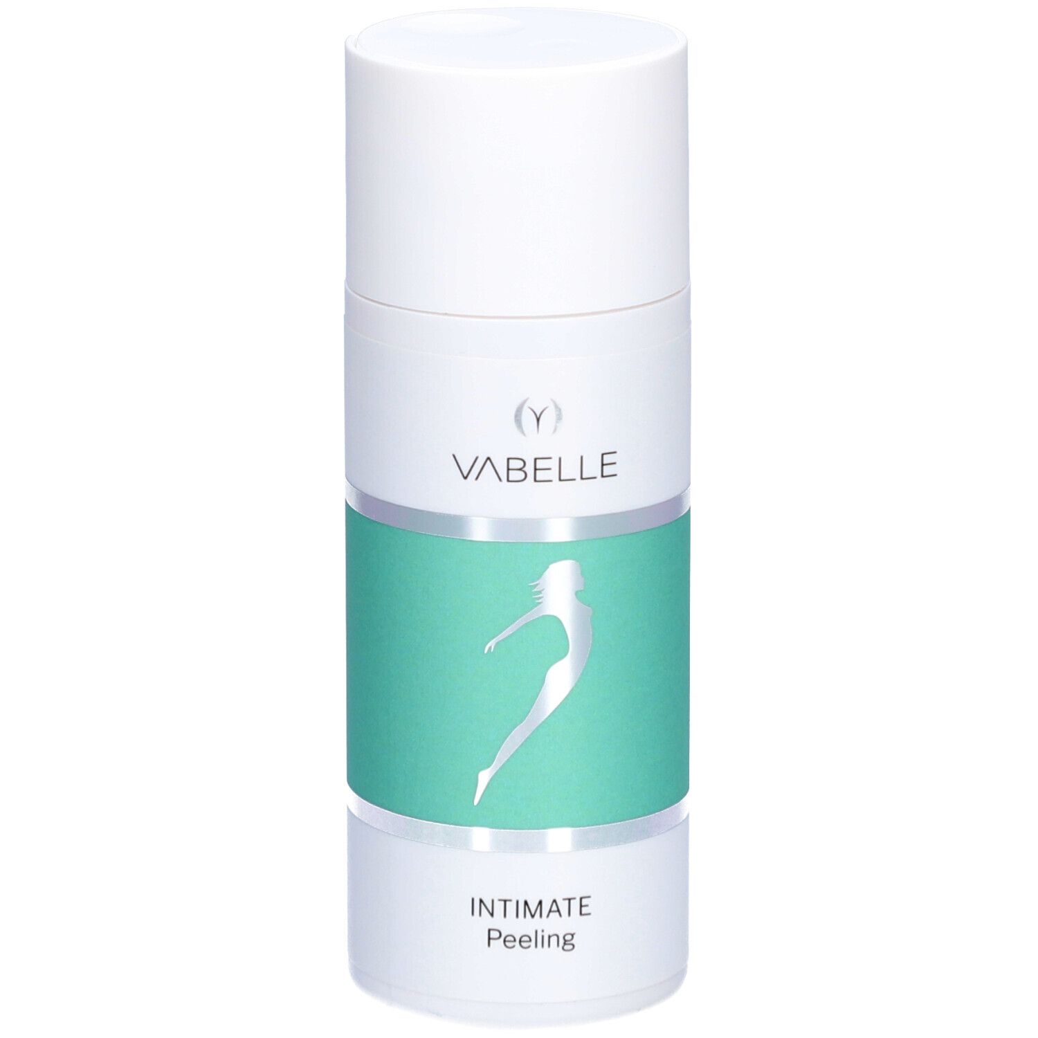 Flacon cylindrique blanc et vert. Inscription VABELLE, Intimate Peeling. Silhouette féminine.