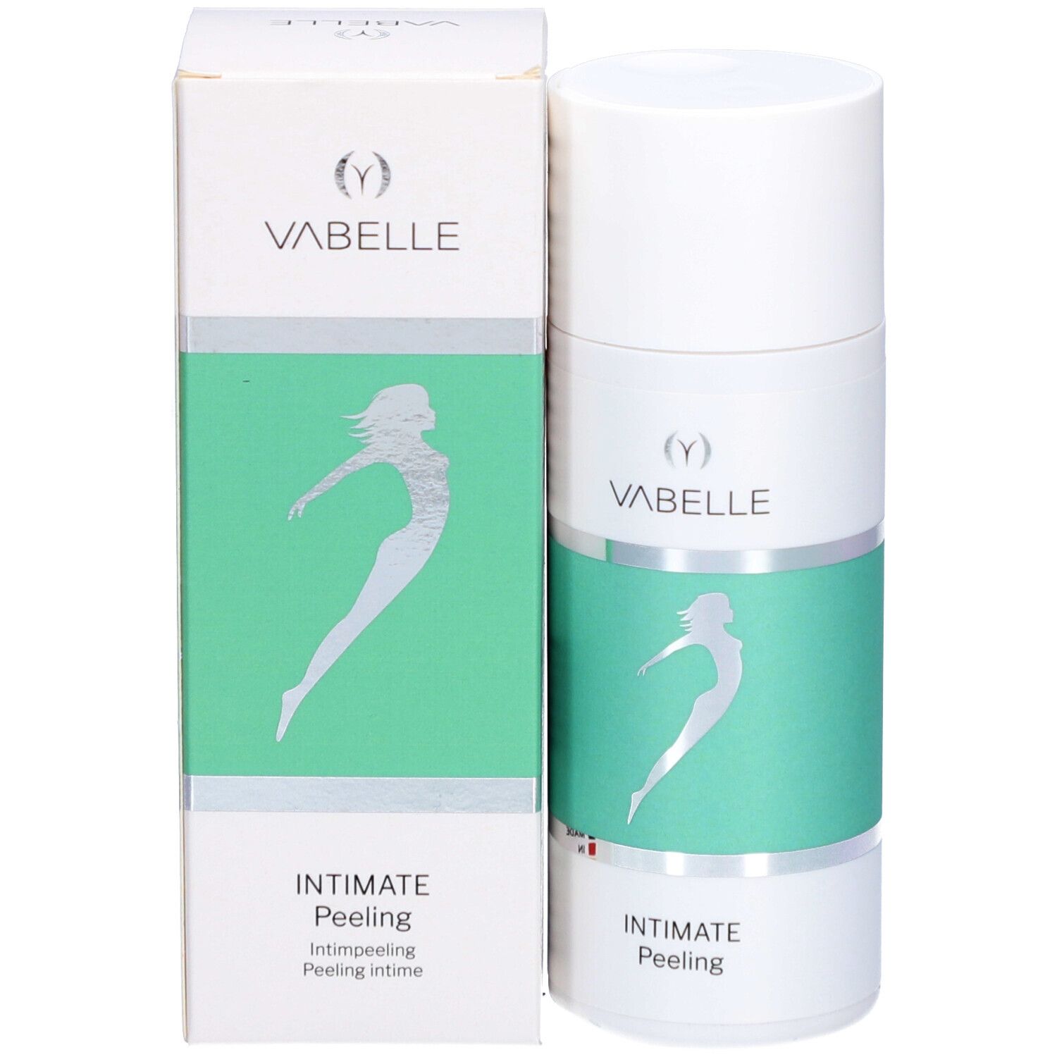 Produit et emballage. Boîte et flacon blancs. Inscription VABELLE, Intimate Peeling. Silhouette féminine.