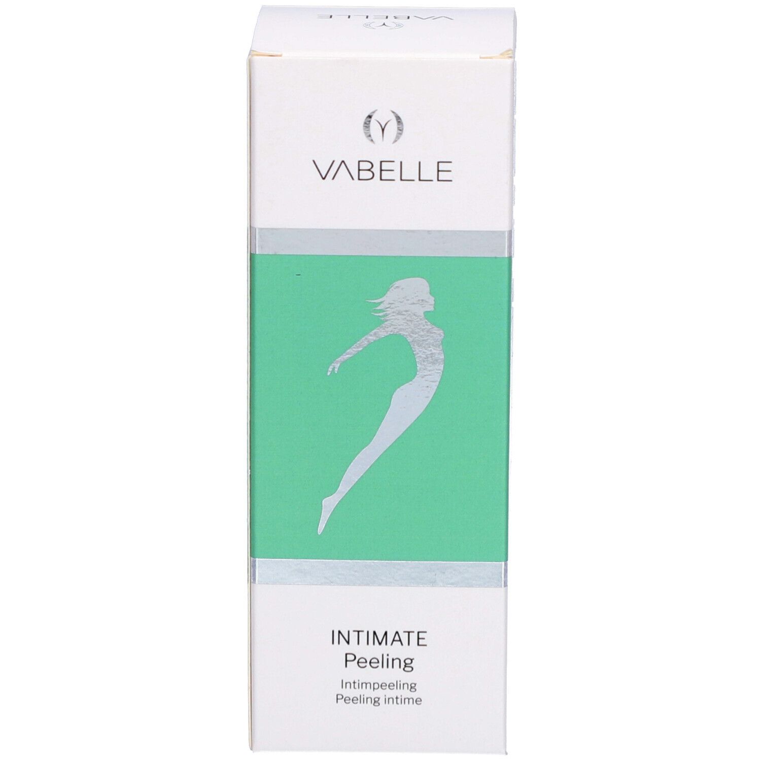 Boîte blanche. Inscription VABELLE, Intimate Peeling. Silhouette féminine. Texte: Intimpeeling.