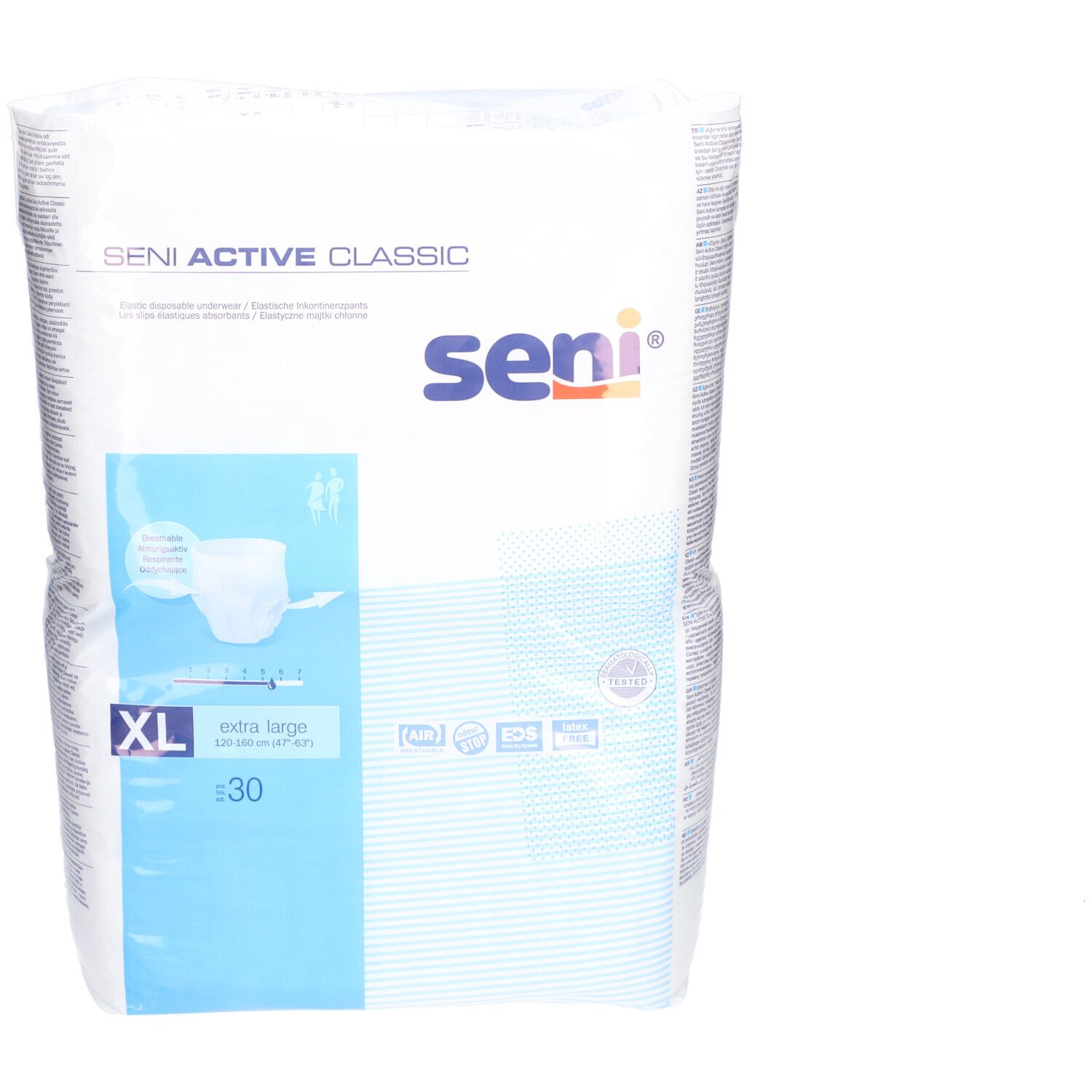 Verpackung SENI Active Classic XL. Weiße Einweg-Unterwäsche, 30 Stück. Extra large. Logo und Produktbezeichnung.