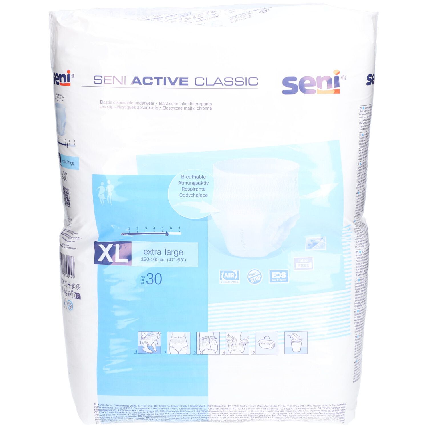 Verpackung SENI Active Classic XL. Weiße Einweg-Unterwäsche, 30 Stück. Extra large. Logo und Produktbezeichnung. Atmungsaktiv.