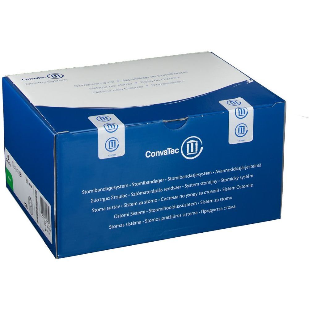 Blau-weiße Verpackung mit ConvaTec-Logo und Produktbezeichnungen in mehreren Sprachen. Siegel auf der Oberseite.