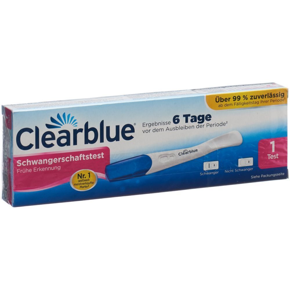 Verpackung von Clearblue Schwangerschaftstest. Enthält einen Test. Blaue und weiße Farbgebung. Text: Frühe Erkennung.