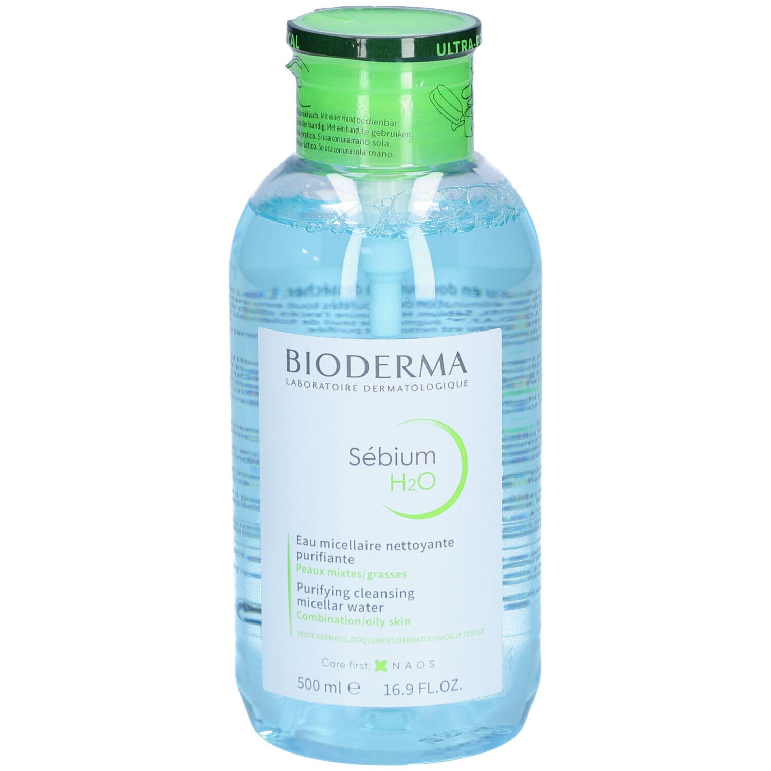 Flacon de liquide clair avec bouchon vert. Étiquette BIODERMA Sébium H2O. 500 ml.