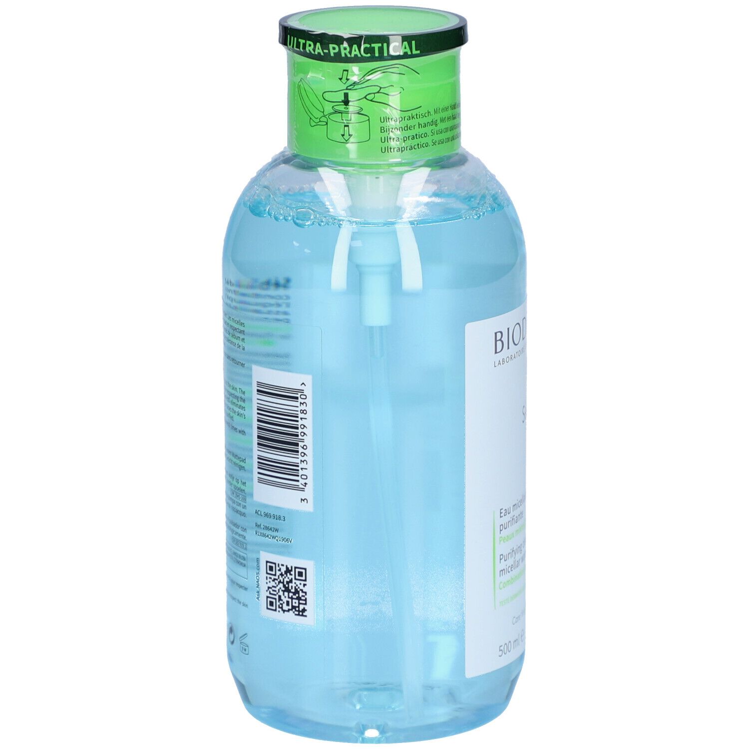 Dos de la bouteille avec bouchon vert. Informations et code QR sur l'étiquette. BIODERMA Sébium H2O.