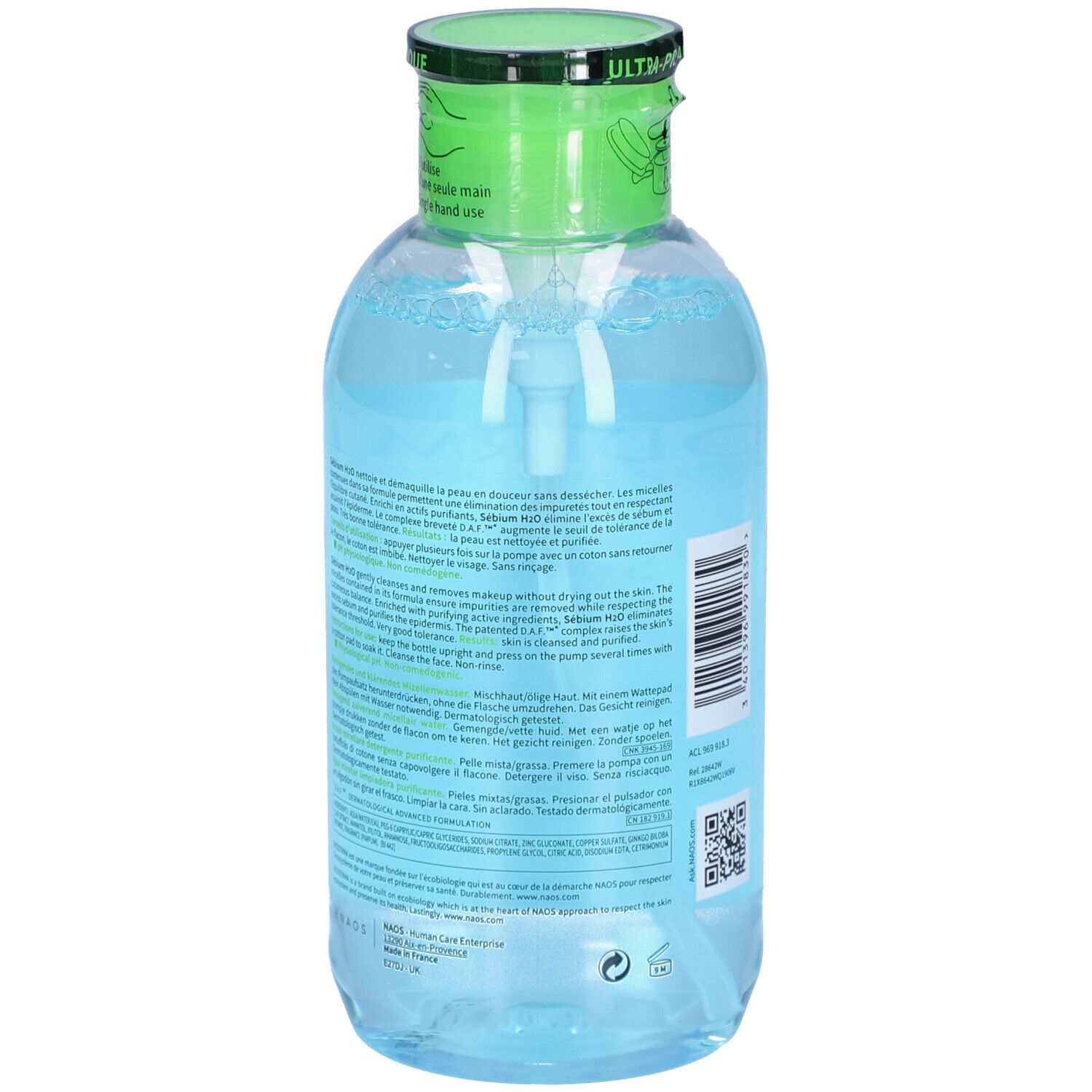 Dos de la bouteille avec bouchon vert. Informations textuelles sur l'étiquette. BIODERMA Sébium H2O.