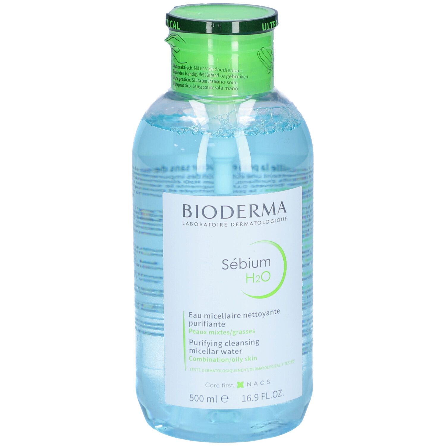 Flacon de liquide clair avec bouchon vert. Étiquette BIODERMA Sébium H2O. 500 ml.