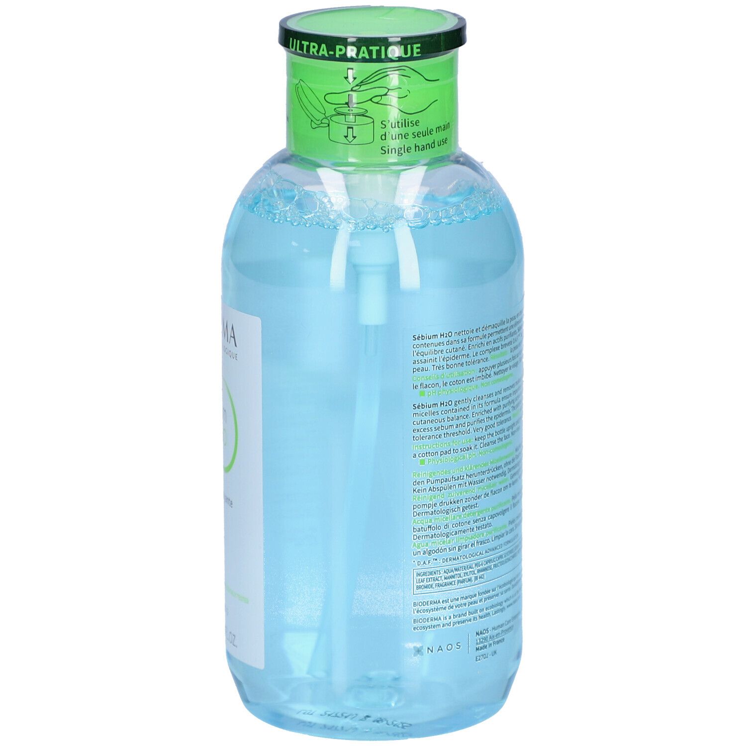 Dos de la bouteille avec bouchon vert. Informations textuelles sur l'étiquette. BIODERMA Sébium H2O.