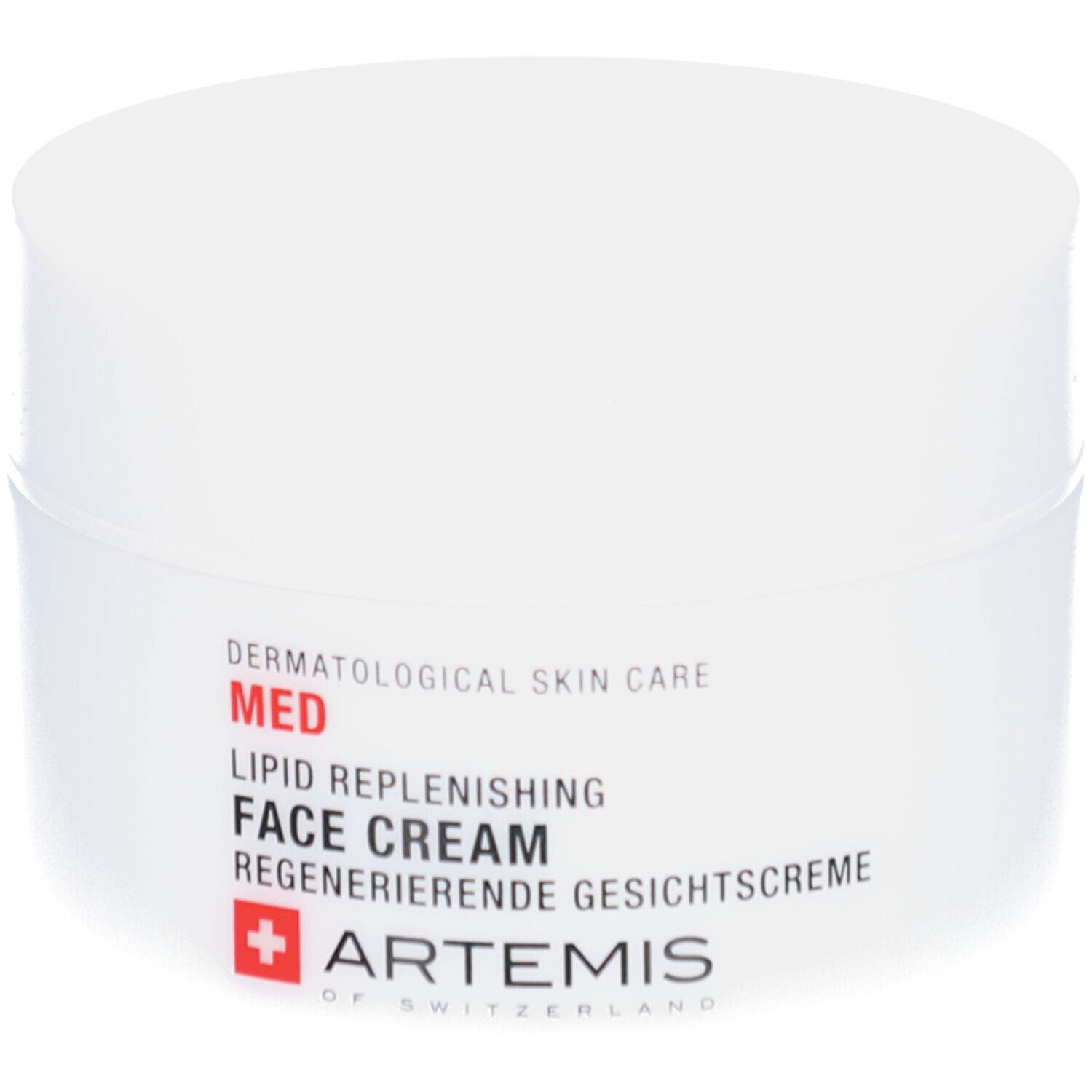 Weiße Creme-Dose mit Deckel. Aufschrift: MED, Lipid Replenishing Face Cream, Regenerierende Gesichtscreme. Logo: ARTEMIS.