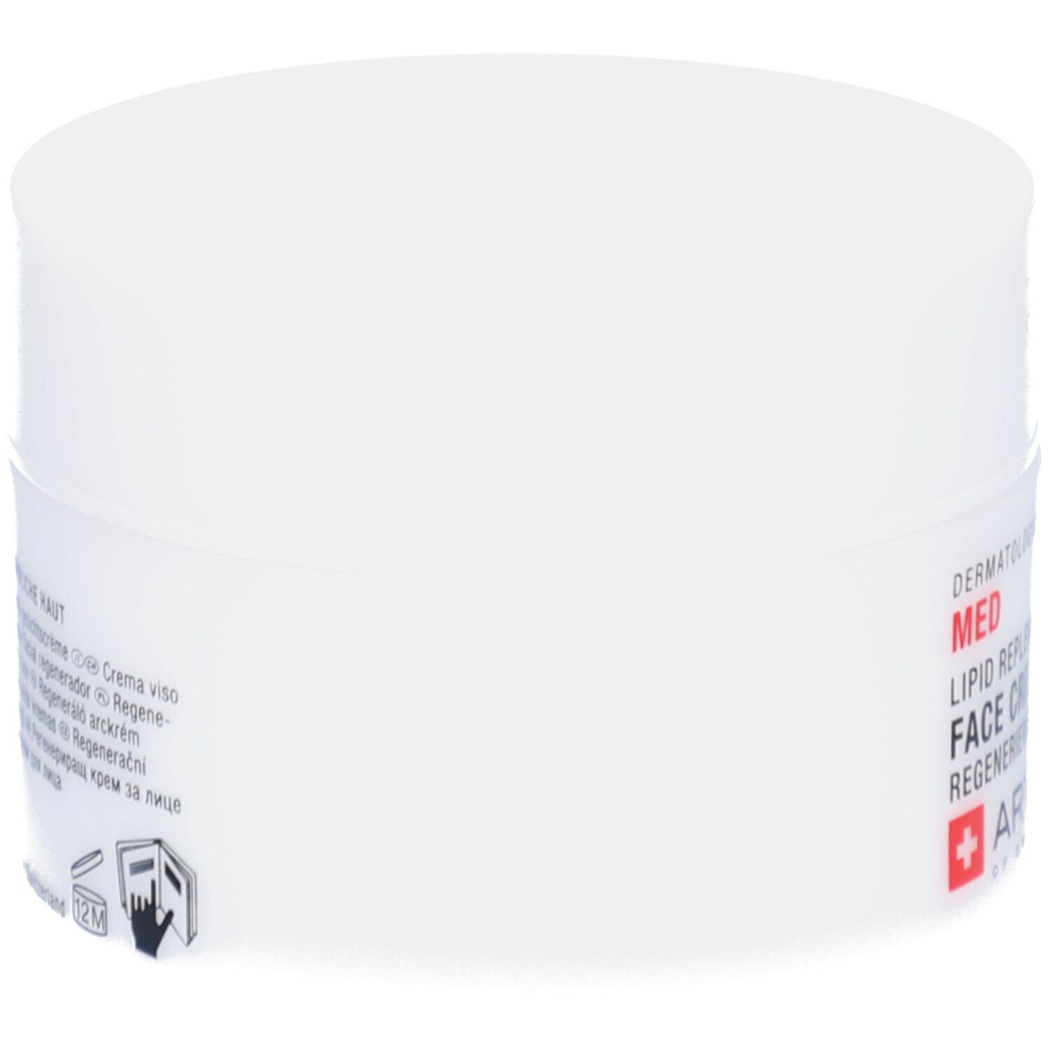 Weiße Creme-Dose, Seitenansicht. Aufschrift: MED, Face Cream, Regenerierende Gesichtscreme. Logo: ARTEMIS. Text in mehreren Sprachen.