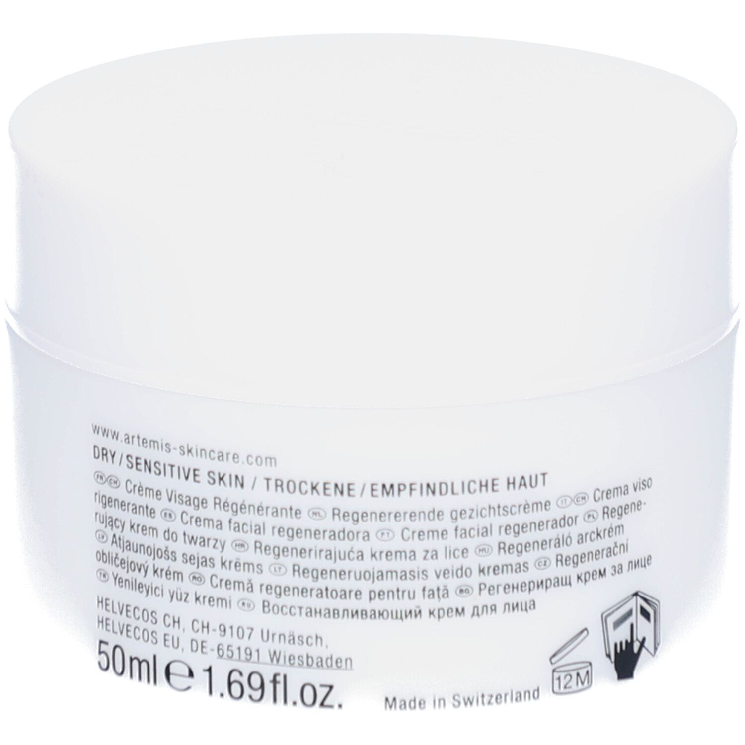 Weiße Creme-Dose. Aufschrift: DRY/SENSITIVE SKIN, Creme Visage Régénérante, 50ml, 1.69 fl.oz. Logo: ARTEMIS. Hergestellt in der Schweiz.