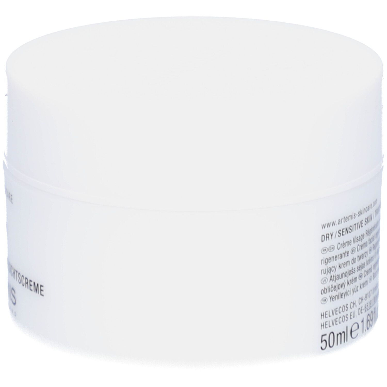 Weiße Creme-Dose, Seitenansicht. Aufschrift: DRY/SENSITIVE SKIN, 50ml, 1.69 fl.oz. Logo: ARTEMIS. Text in mehreren Sprachen.