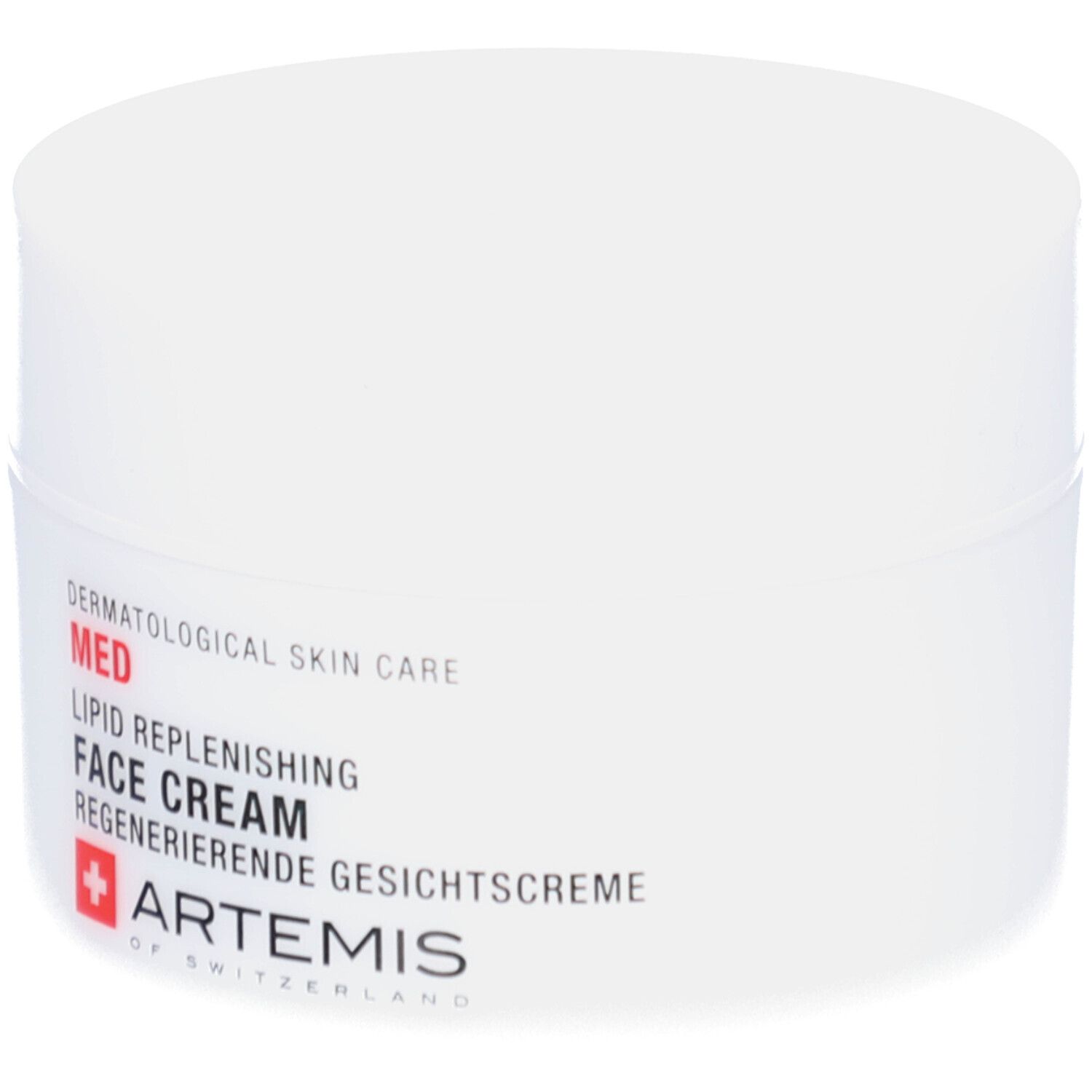Weiße Creme-Dose mit Deckel. Aufschrift: MED, Lipid Replenishing Face Cream, Regenerierende Gesichtscreme. Logo: ARTEMIS.
