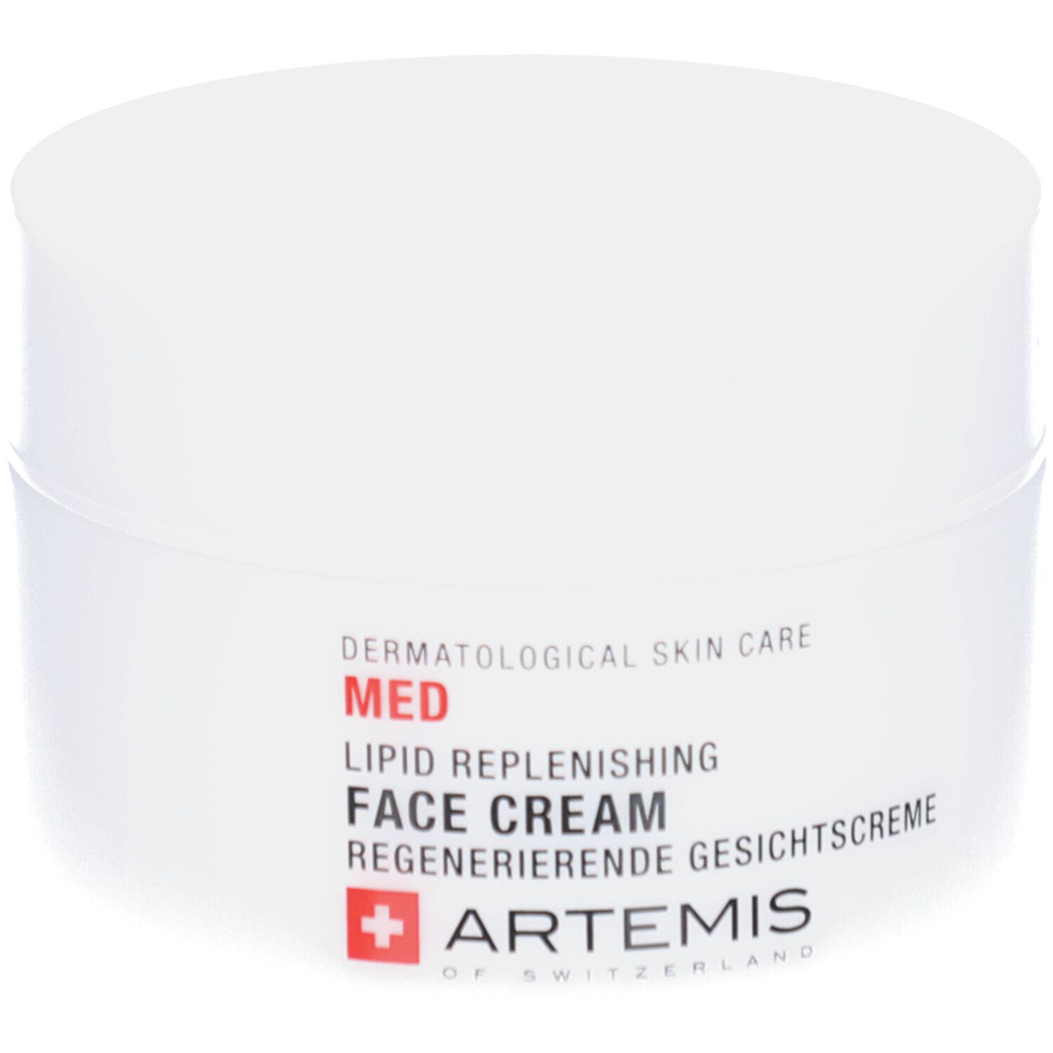 Weiße Creme-Dose mit Deckel. Aufschrift: MED, Lipid Replenishing Face Cream, Regenerierende Gesichtscreme. Logo: ARTEMIS.
