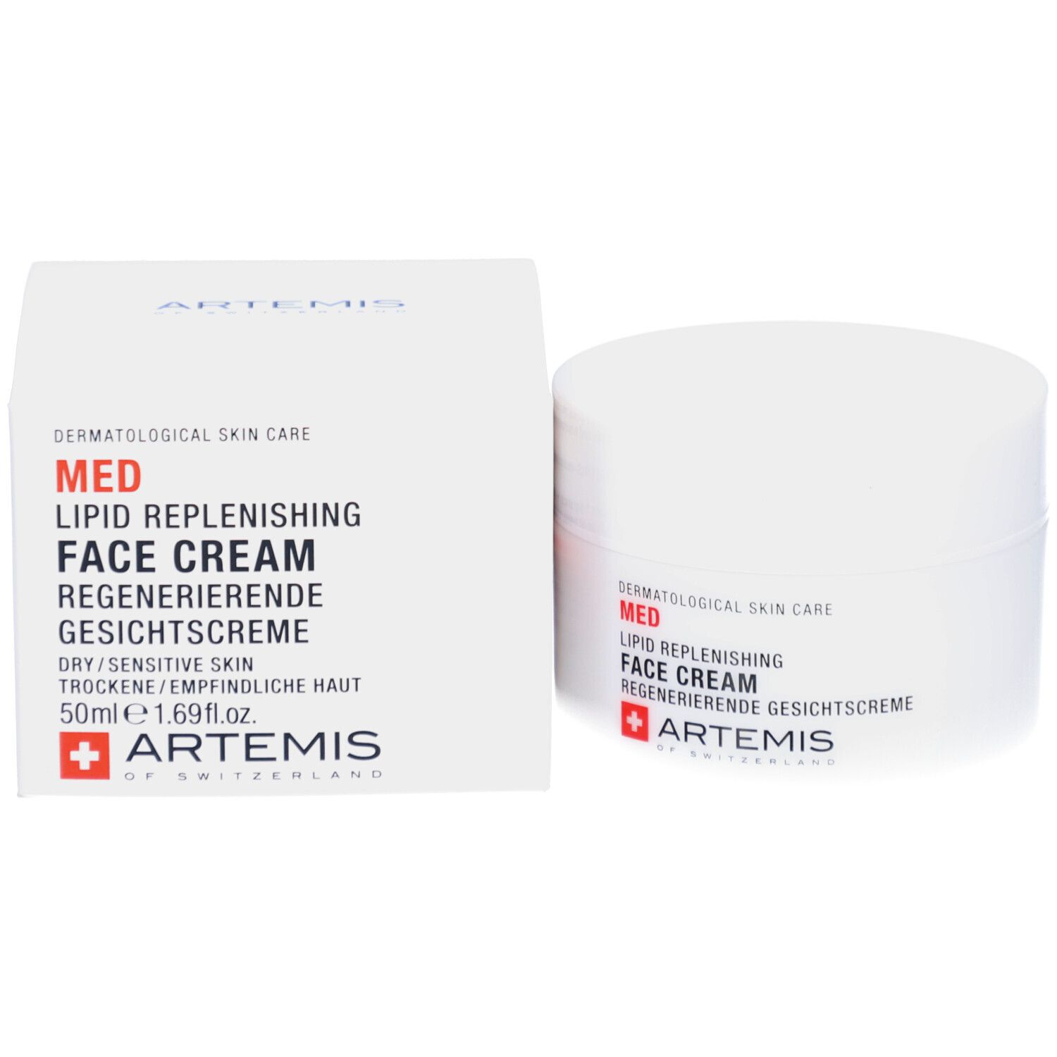 Creme-Dose und Karton. Aufschrift: MED, Lipid Replenishing Face Cream, Regenerierende Gesichtscreme. Logo: ARTEMIS. 50ml.