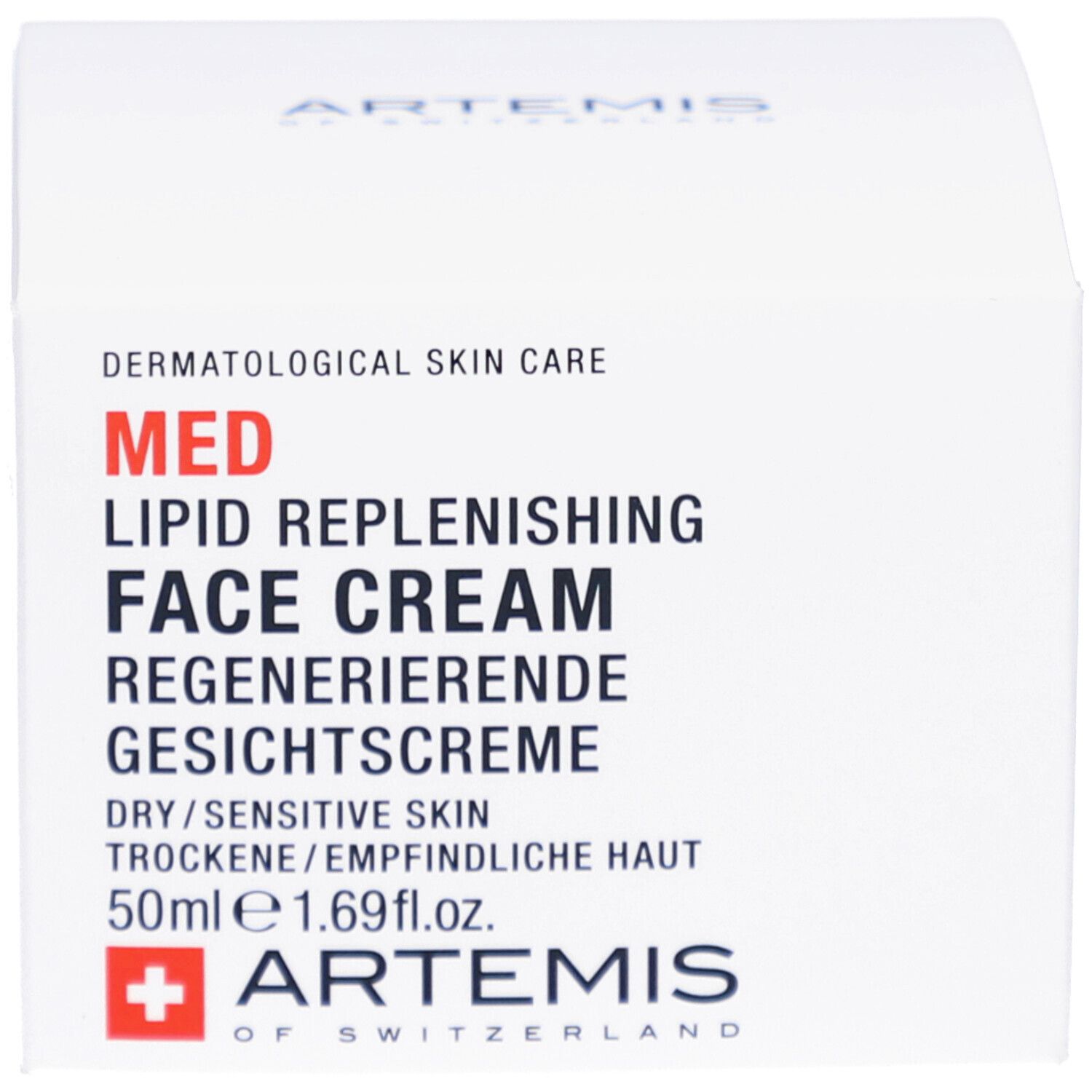 Weißer Karton. Aufschrift: MED, Lipid Replenishing Face Cream, Regenerierende Gesichtscreme. Logo: ARTEMIS. 50ml, DRY/SENSITIVE SKIN.