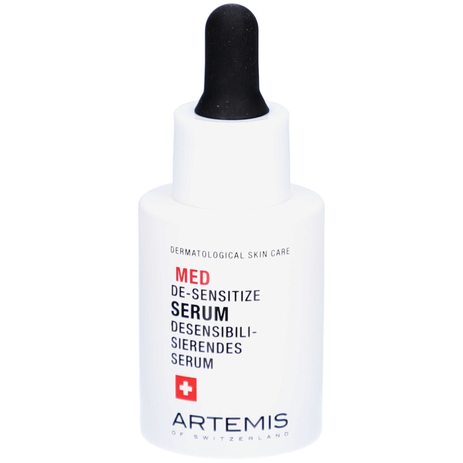 Weiße Flasche mit schwarzer Pipette. Aufschrift: MED DE-SENSITIZE SERUM. Rotes Kreuz. Marke ARTEMIS.
