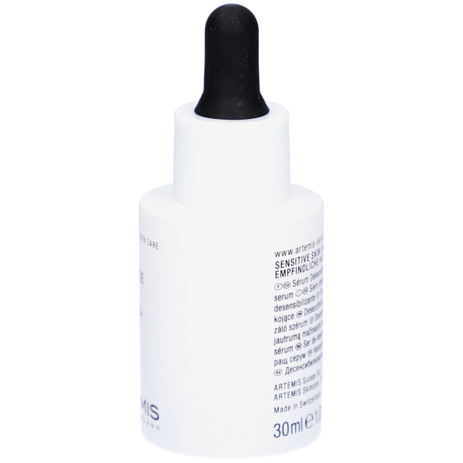 Weiße Flasche mit schwarzer Pipette. Aufschrift und Text. Rotes Kreuz. Marke ARTEMIS. 30ml.