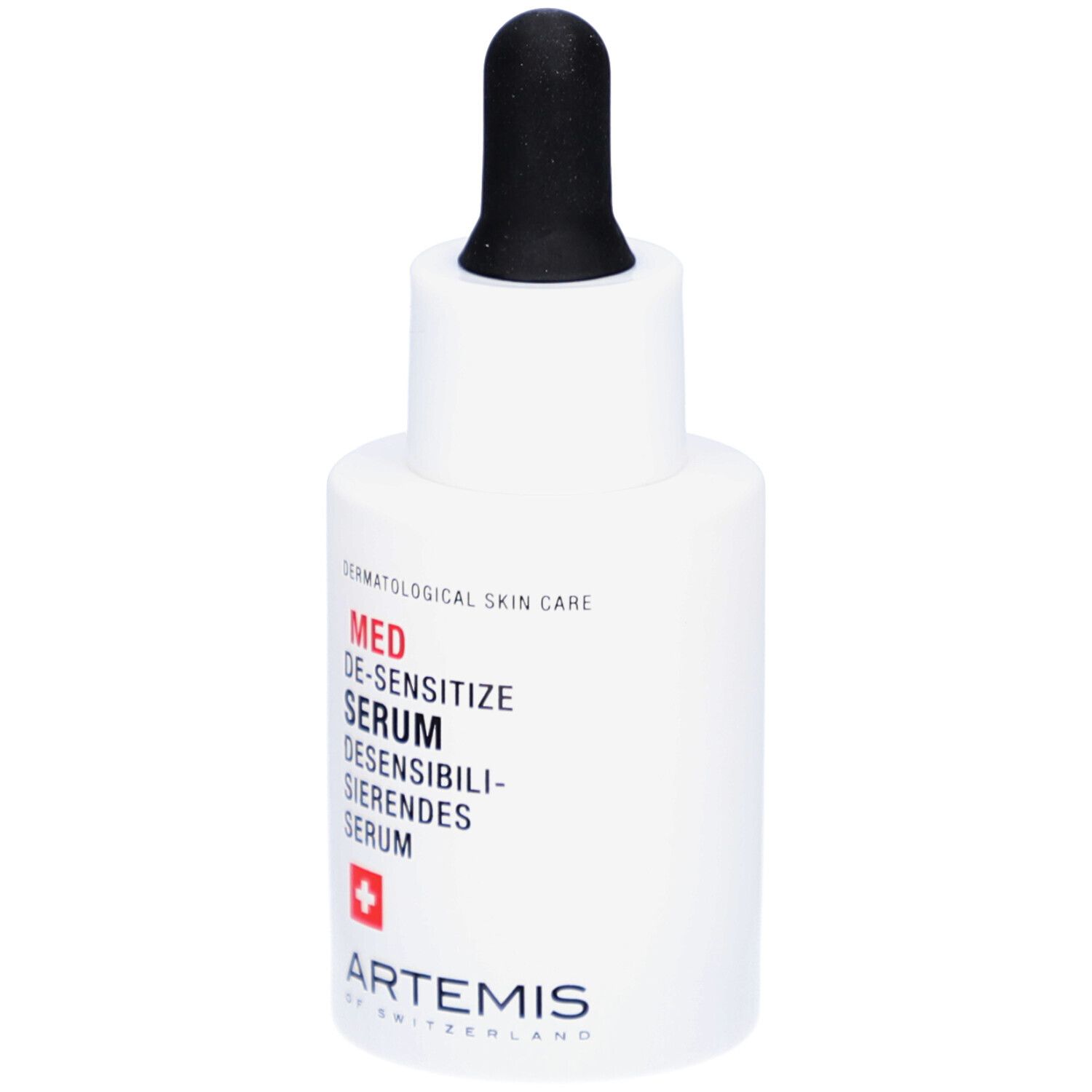 Weiße Flasche mit schwarzer Pipette. Aufschrift: MED DE-SENSITIZE SERUM. Rotes Kreuz. Marke ARTEMIS.