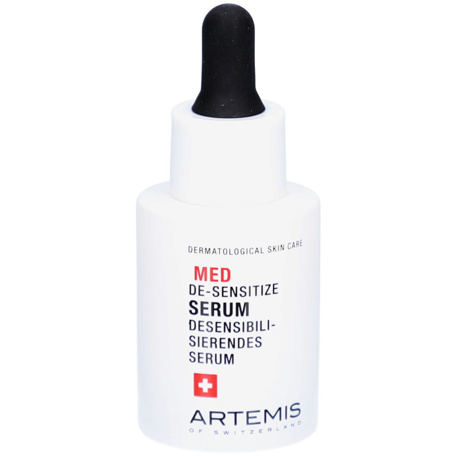 Weiße Flasche mit schwarzer Pipette. Aufschrift: MED DE-SENSITIZE SERUM. Rotes Kreuz. Marke ARTEMIS.