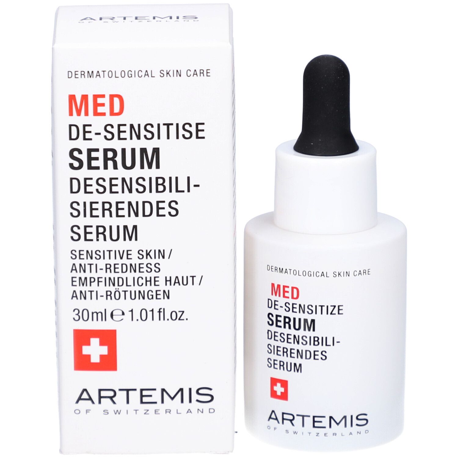 Produktflasche und -verpackung. Aufschrift: MED DE-SENSITIZE SERUM. Rotes Kreuz. Marke ARTEMIS. 30ml.