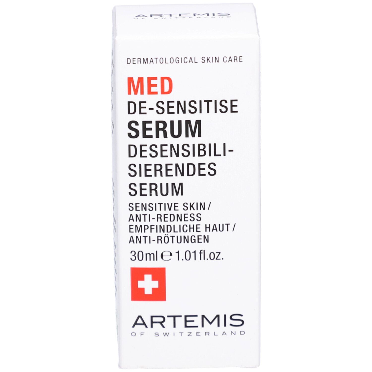 Produktverpackung. Aufschrift: MED DE-SENSITIZE SERUM. Rotes Kreuz. Marke ARTEMIS. 30ml.