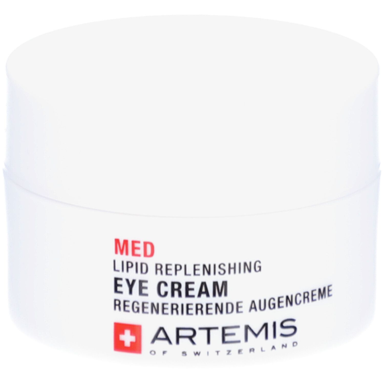 Weiße Creme-Dose mit roter und schwarzer Schrift. Enthält "MED LIPID REPLENISHING EYE CREAM". Marke: ARTEMIS OF SWITZERLAND.