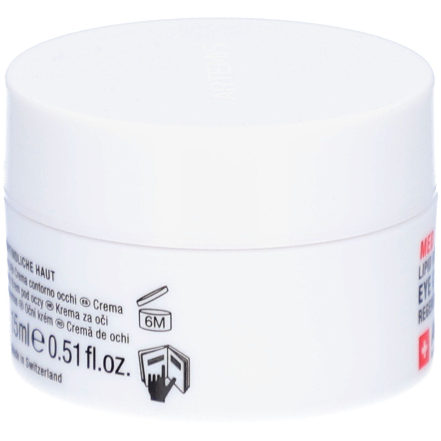 Weiße Creme-Dose. Aufschrift: "15ml 0.51 fl.oz.". Enthält Symbole und Text. Marke: ARTEMIS.