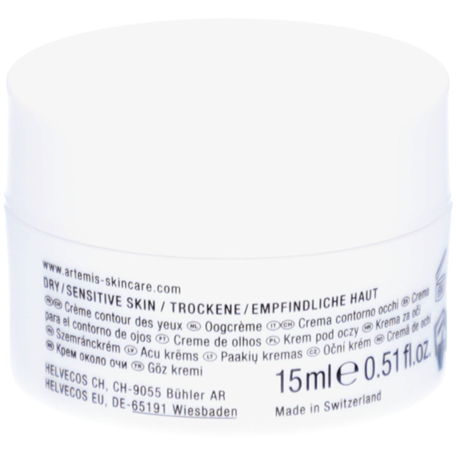 Weiße Creme-Dose mit Text. Enthält "DRY/SENSITIVE SKIN". Adresse: www.artemis-skincare.com. Marke: ARTEMIS.