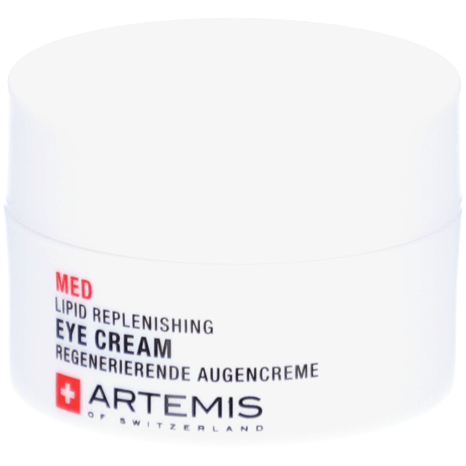 Weiße Creme-Dose mit roter und schwarzer Schrift. Enthält "MED LIPID REPLENISHING EYE CREAM". Marke: ARTEMIS.