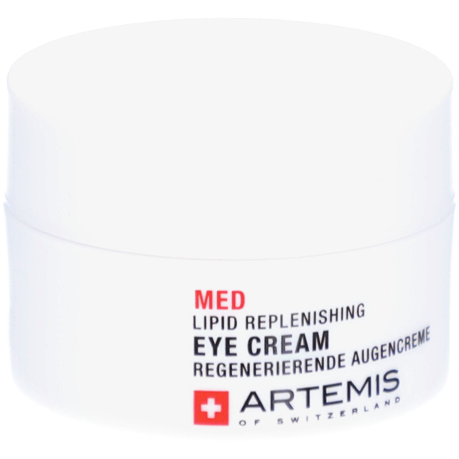Weiße Creme-Dose mit roter und schwarzer Schrift. Enthält "MED LIPID REPLENISHING EYE CREAM". Marke: ARTEMIS.
