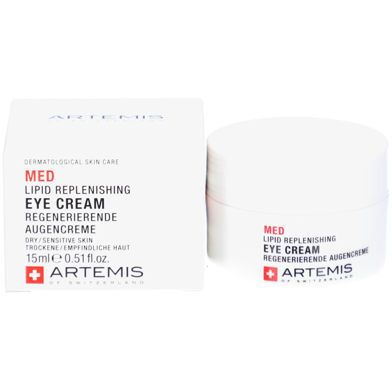 Produktverpackung mit Creme-Dose und Karton. Enthält "MED LIPID REPLENISHING EYE CREAM". Marke: ARTEMIS.