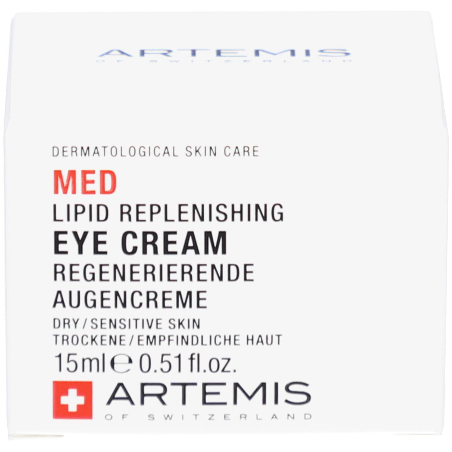 Produktverpackung mit Karton. Enthält "MED LIPID REPLENISHING EYE CREAM". Marke: ARTEMIS.