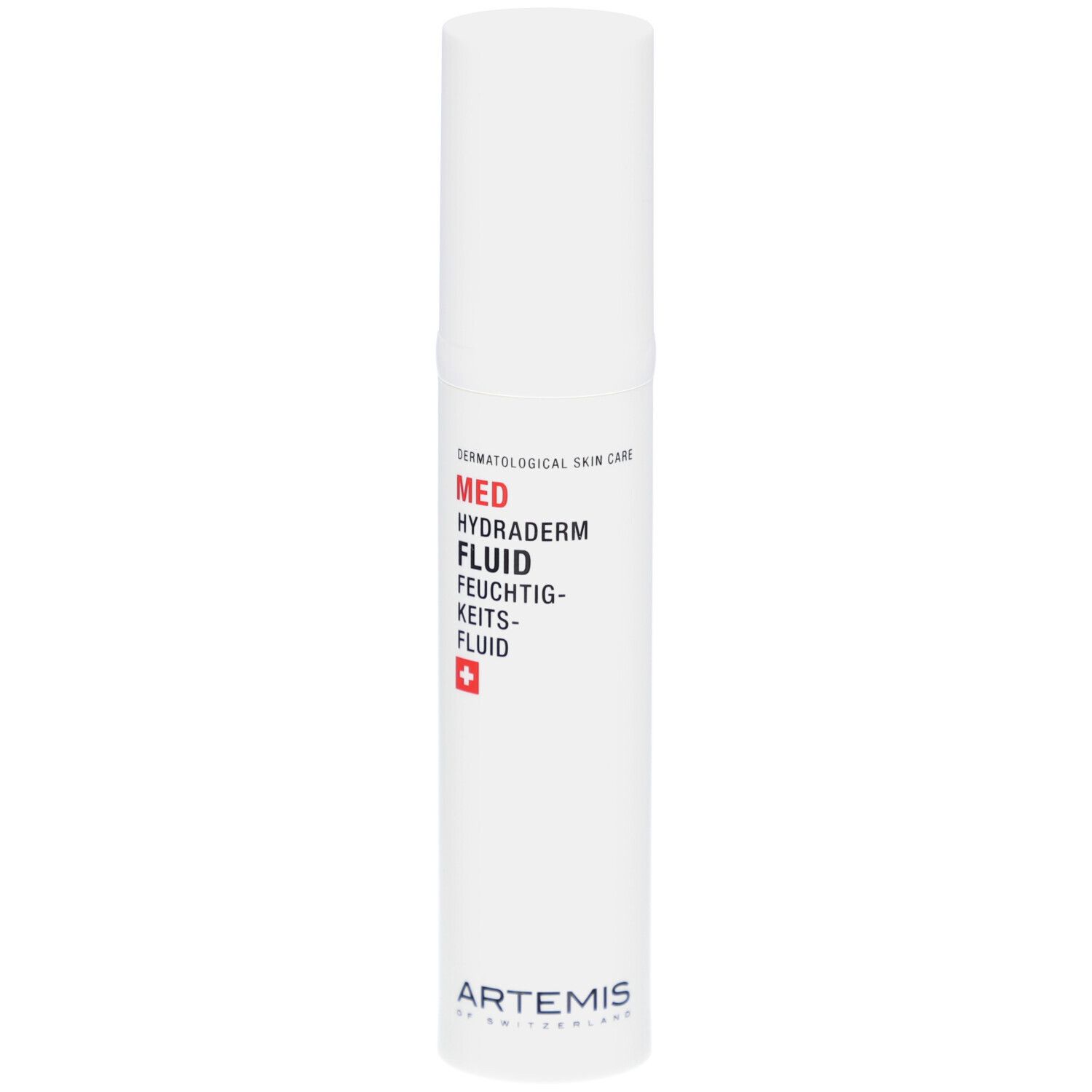 Weißer Spender mit roter Schrift. Text: MED Hydraderm Fluid, Feuchtigkeitsfluid. Schweizer Kreuz. Marke: ARTEMIS.