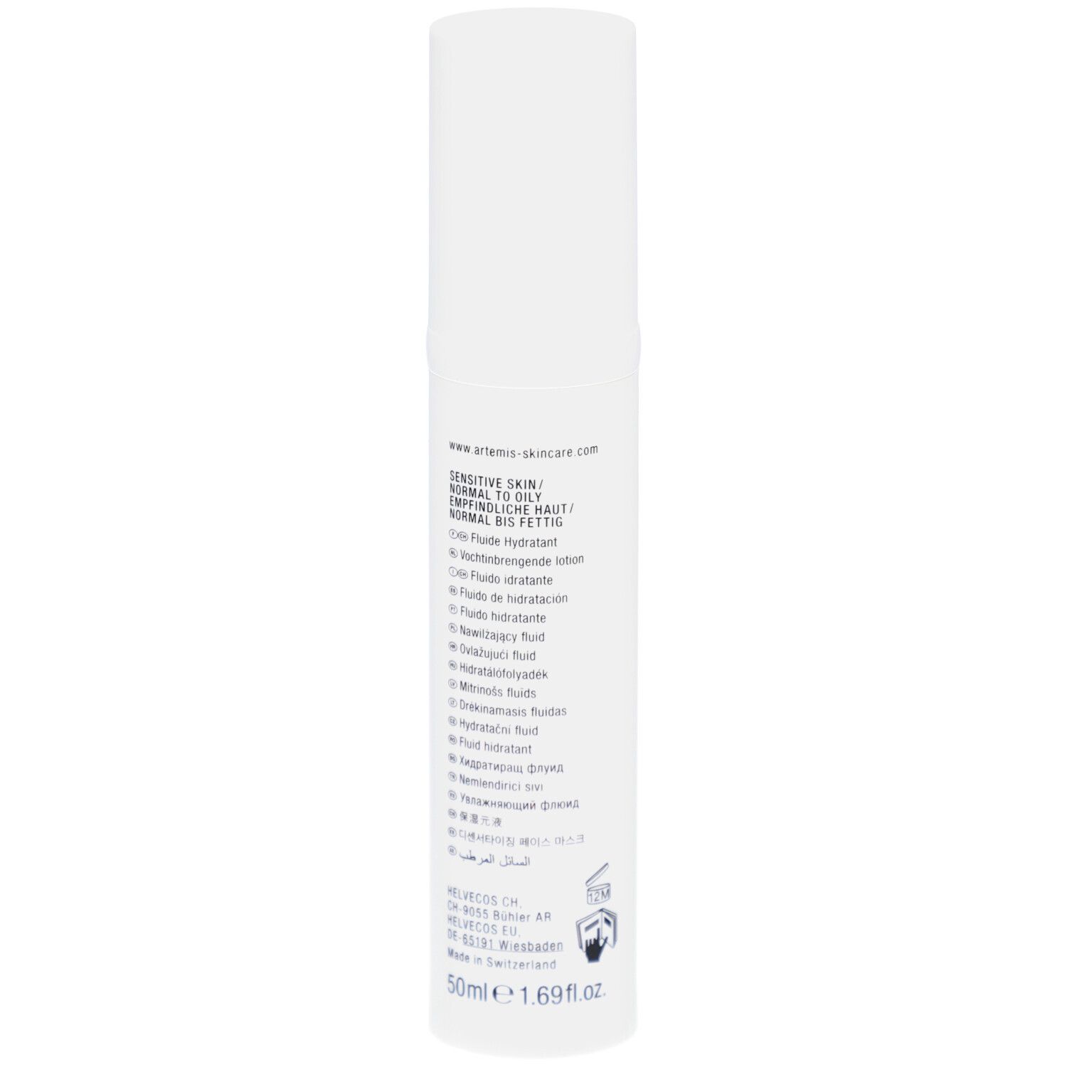 Weißer Spender. Text: MED Hydraderm Fluid. Für sensible bis ölige Haut. 50ml. Logos und Informationen.