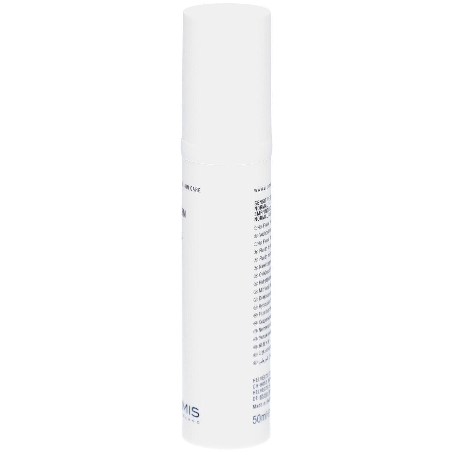 Weißer Spender, Seitenansicht. Text: MED Hydraderm Fluid. Logos und Informationen. 50ml.