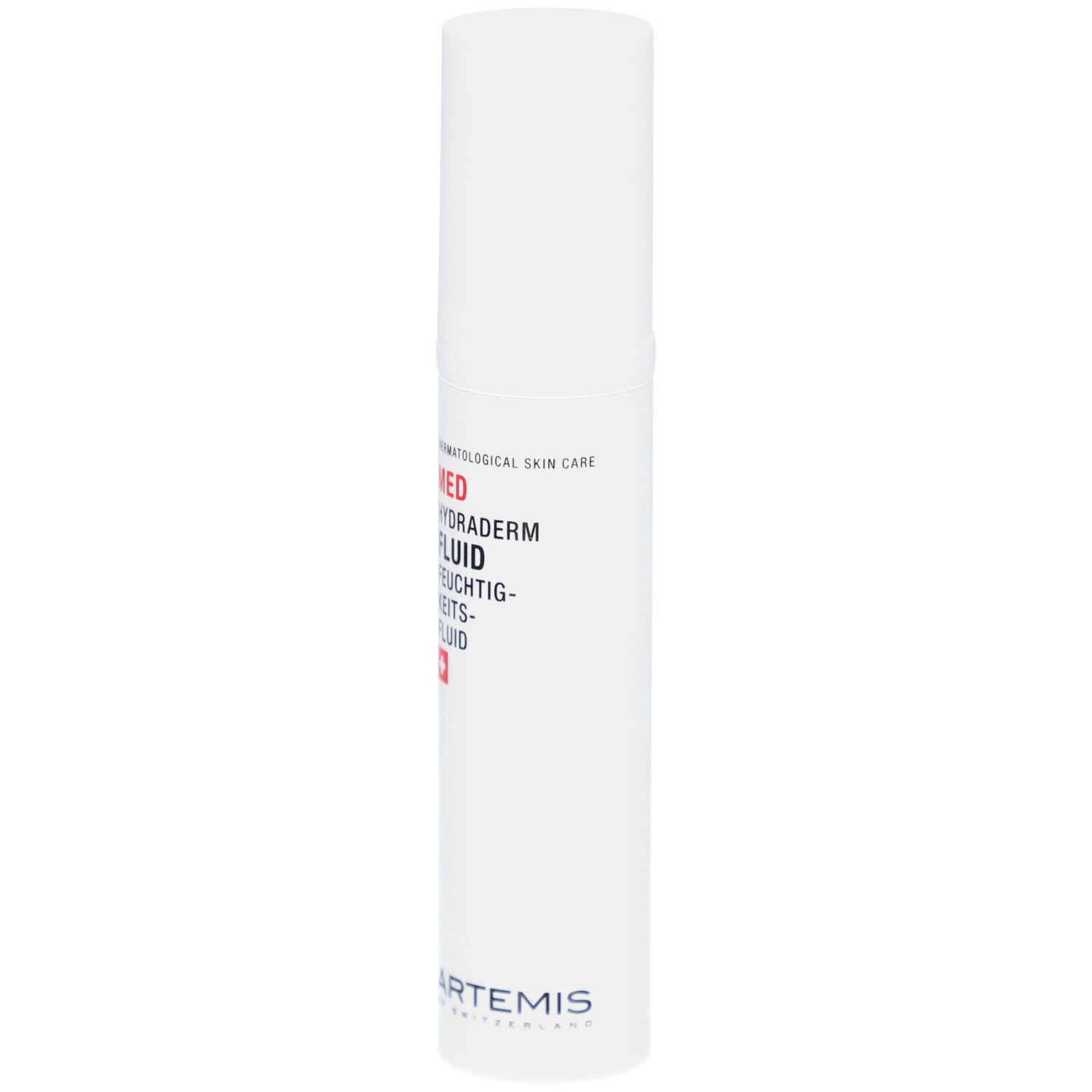 Weißer Spender mit roter Schrift. Text: MED Hydraderm Fluid, Feuchtigkeitsfluid. Schweizer Kreuz. Marke: ARTEMIS.