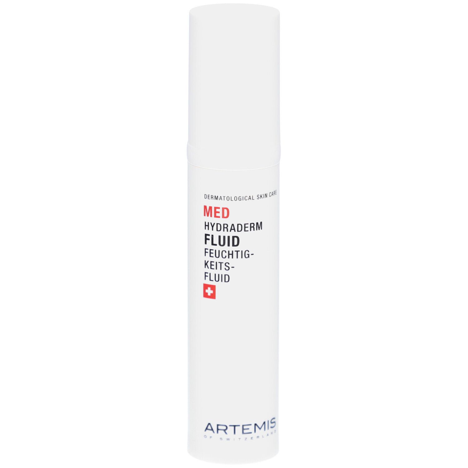 Weißer Spender mit roter Schrift. Text: MED Hydraderm Fluid, Feuchtigkeitsfluid. Schweizer Kreuz. Marke: ARTEMIS.