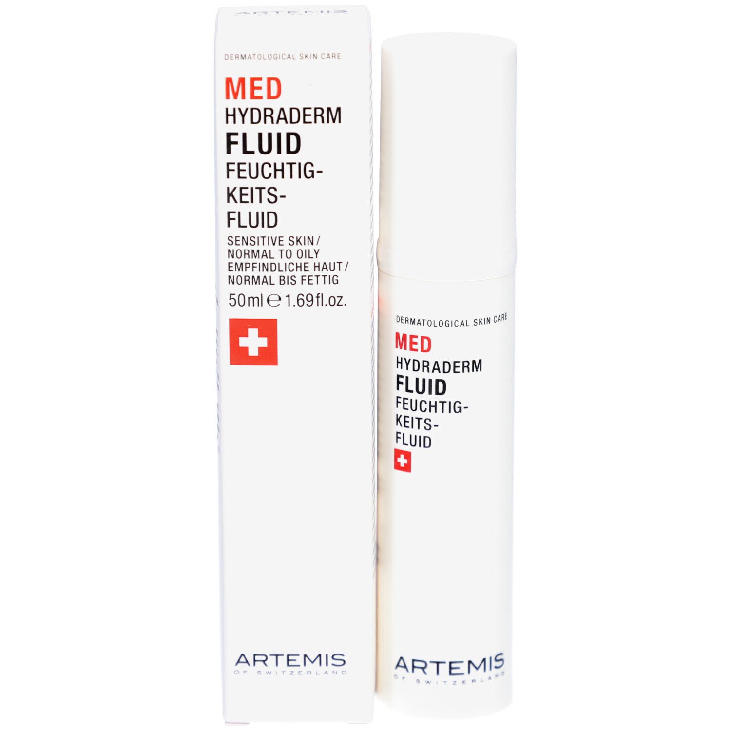 Produktverpackung: Spender und Schachtel. Text: MED Hydraderm Fluid, Feuchtigkeitsfluid. 50ml. Schweizer Kreuz.