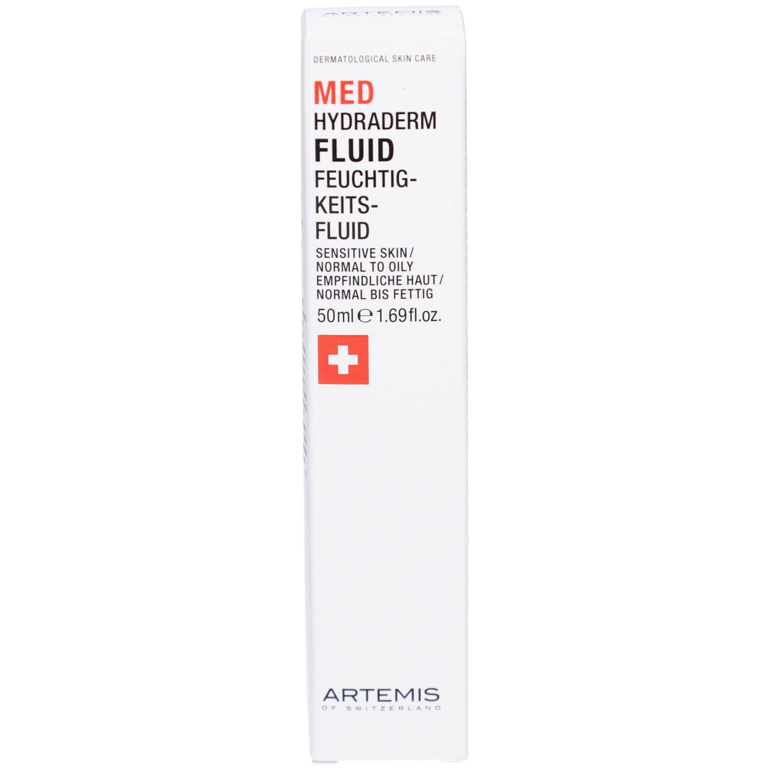 Produktverpackung: Schachtel. Text: MED Hydraderm Fluid, Feuchtigkeitsfluid. 50ml. Schweizer Kreuz.