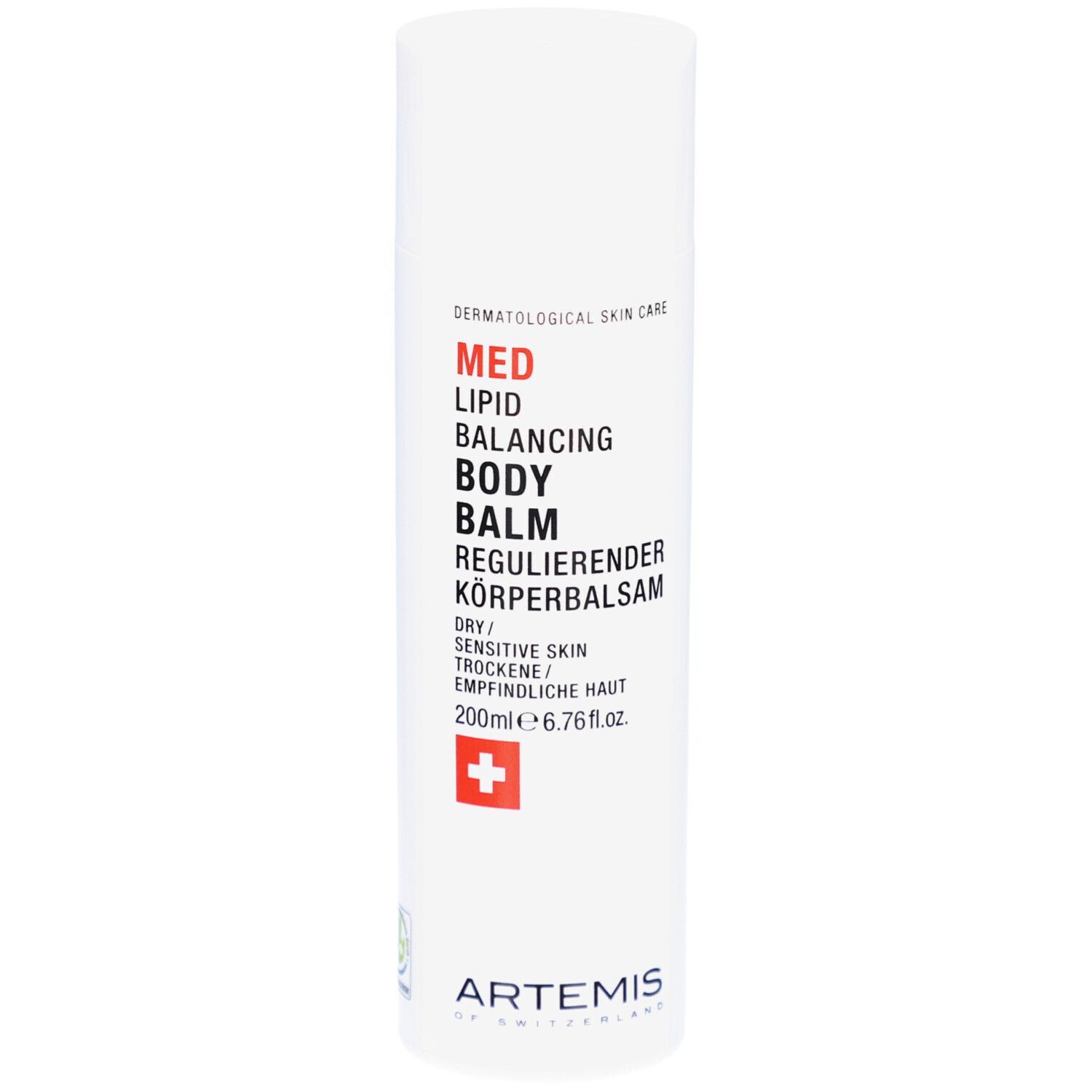 Weisse Tube mit roter und schwarzer Schrift. "MED Lipid Balancing Body Balm" und Schweizer Kreuz.