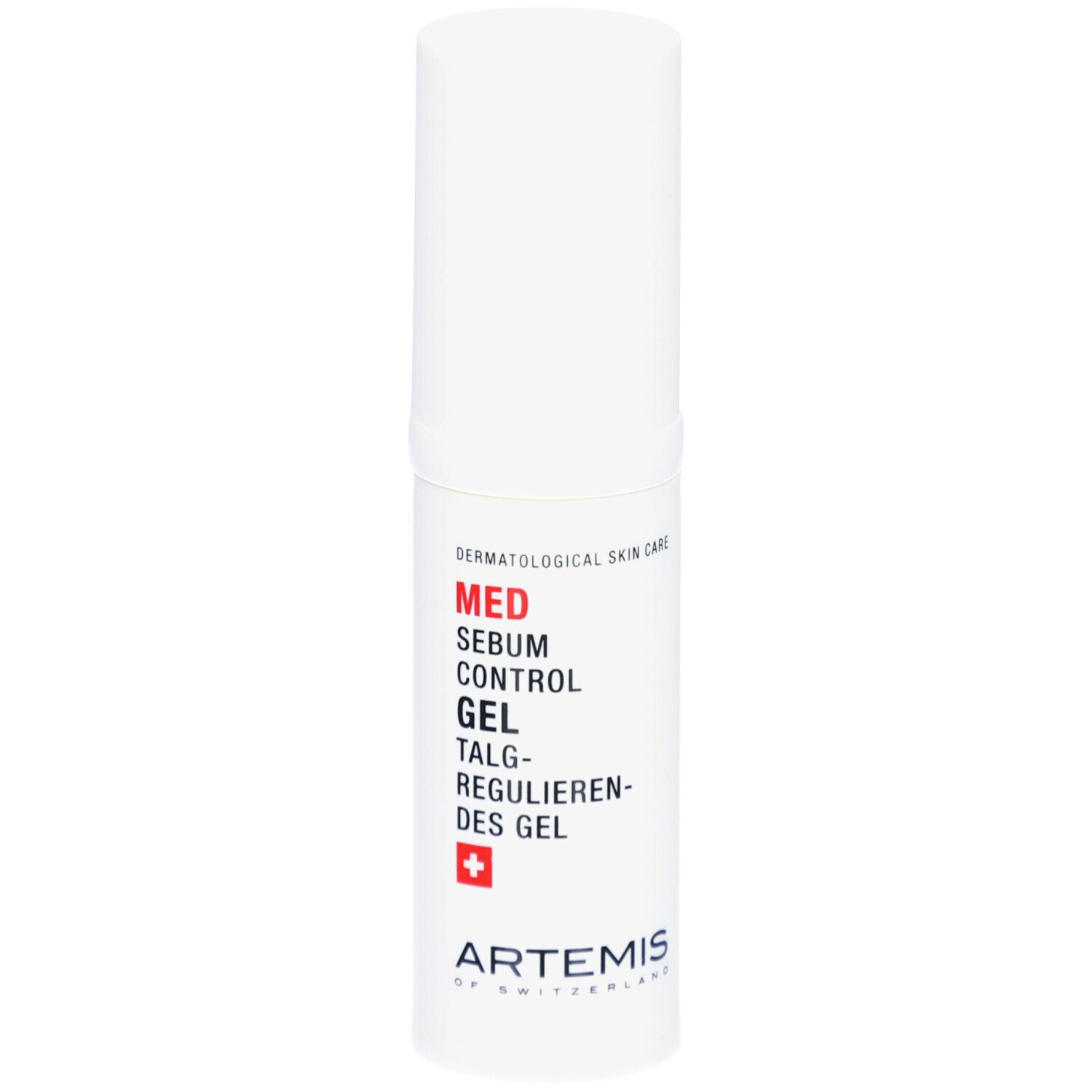 Weißer Zylinder mit roter und schwarzer Schrift. MED Sebum Control Gel. Schweizer Kreuz. ARTEMIS.