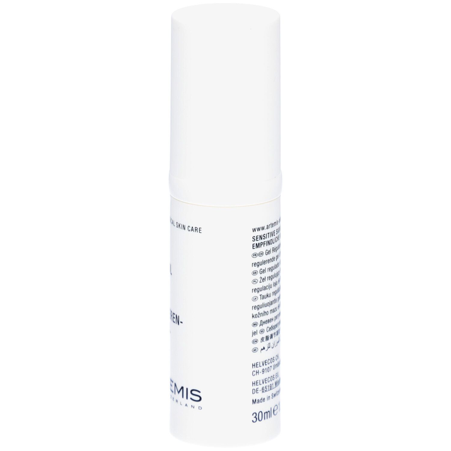 Weißer Zylinder mit Text. MED Sebum Control Gel. Schweizer Kreuz. ARTEMIS. 30ml.
