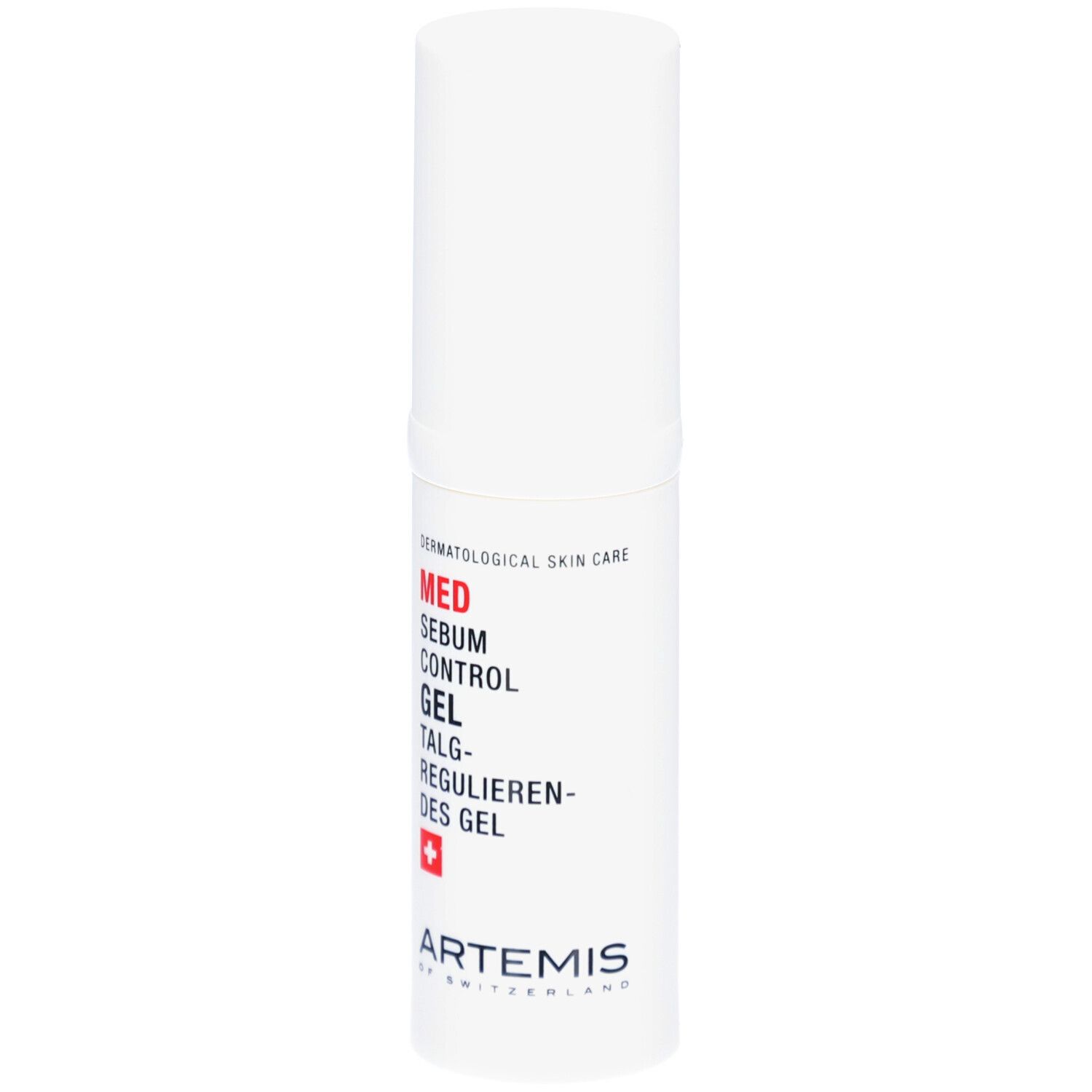 Weißer Zylinder mit roter und schwarzer Schrift. MED Sebum Control Gel. Schweizer Kreuz. ARTEMIS.