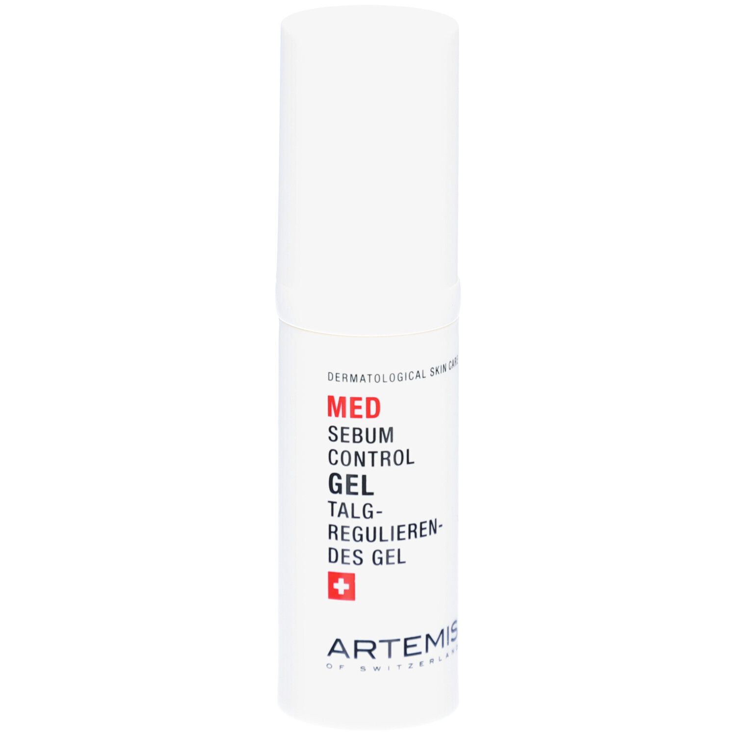 Weißer Zylinder mit roter und schwarzer Schrift. MED Sebum Control Gel. Schweizer Kreuz. ARTEMIS.