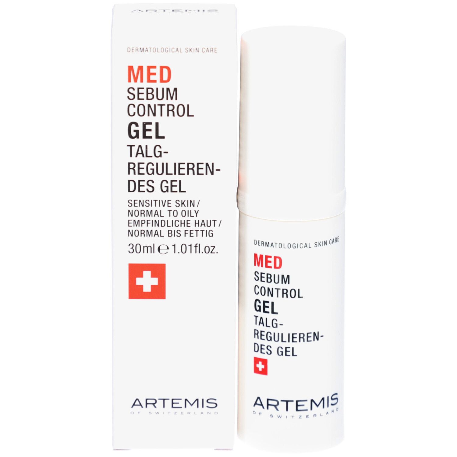 Produktverpackung mit weißem Zylinder. MED Sebum Control Gel. Schweizer Kreuz. ARTEMIS. 30ml.